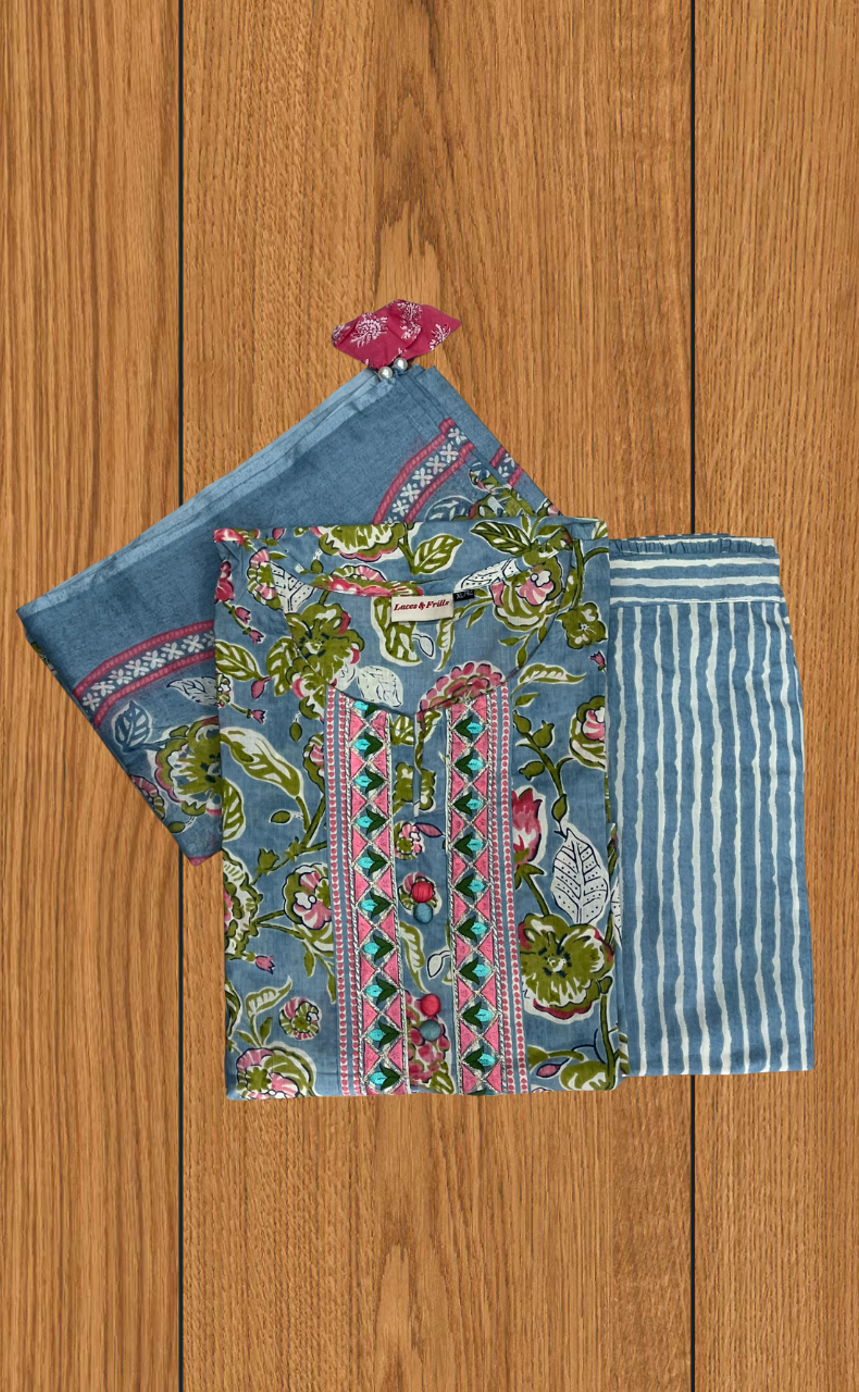 Light Blue Garden Jaipur Cotton Kurti With Pant And Dupatta Set. Pure Versatile Cotton. | Laces and Frills - Laces and Frills