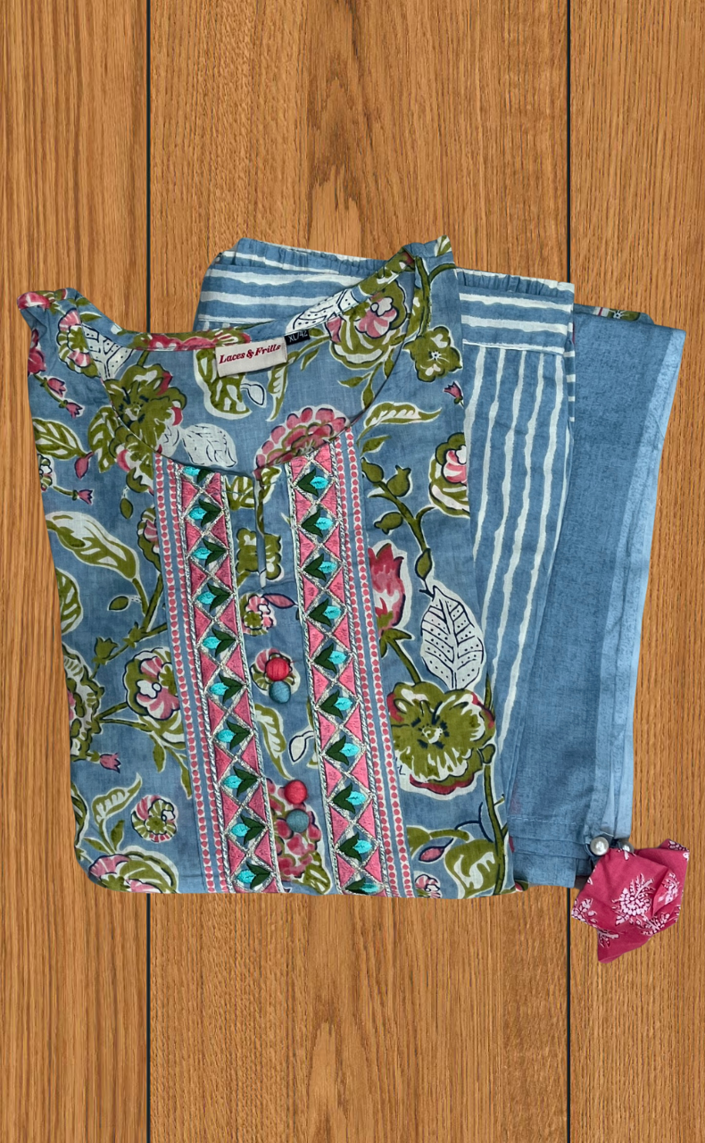 Light Blue Garden Jaipur Cotton Kurti With Pant And Dupatta Set. Pure Versatile Cotton. | Laces and Frills - Laces and Frills