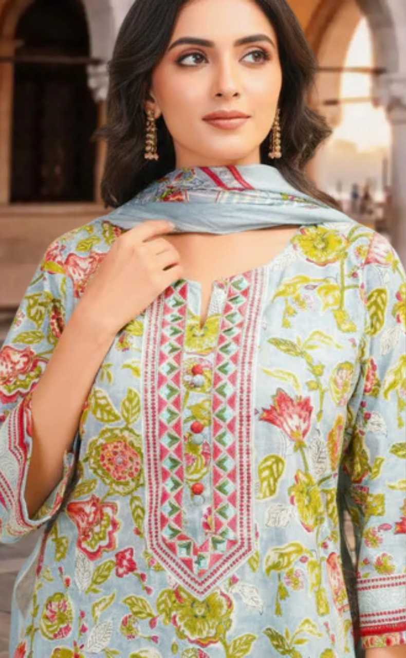 Light Blue Garden Jaipur Cotton Kurti With Pant And Dupatta Set. Pure Versatile Cotton. | Laces and Frills