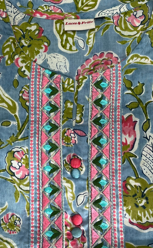 Light Blue Garden Jaipur Cotton Kurti With Pant And Dupatta Set. Pure Versatile Cotton. | Laces and Frills - Laces and Frills