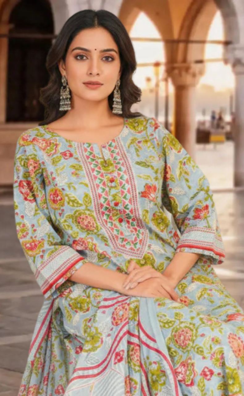 Light Blue Garden Jaipur Cotton Kurti With Pant And Dupatta Set. Pure Versatile Cotton. | Laces and Frills