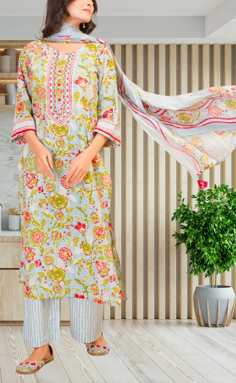 Light Blue Garden Jaipur Cotton Kurti With Pant And Dupatta Set. Pure Versatile Cotton. | Laces and Frills - Laces and Frills