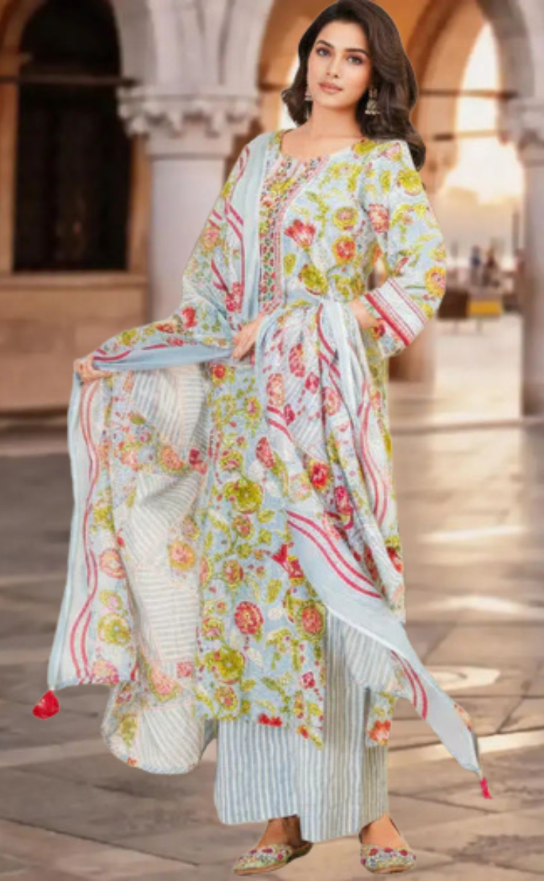 Light Blue Garden Jaipur Cotton Kurti With Pant And Dupatta Set. Pure Versatile Cotton. | Laces and Frills