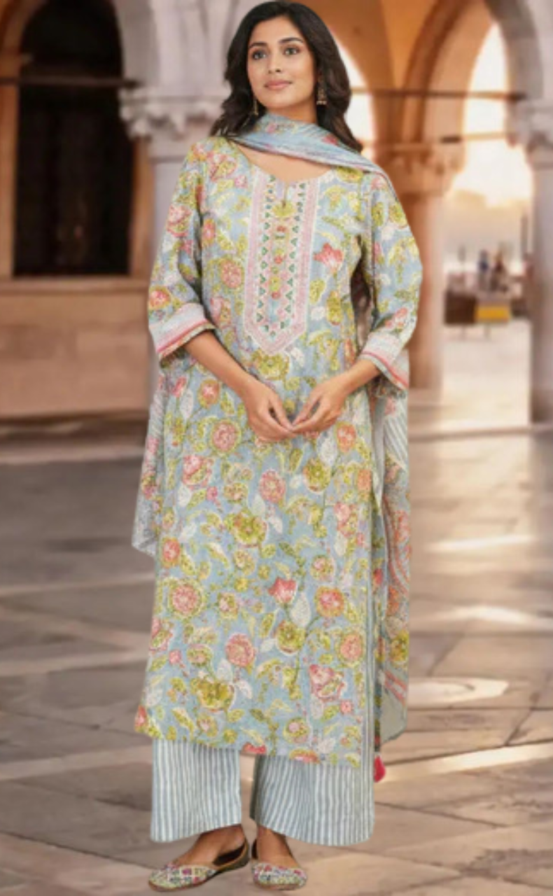 Light Blue Garden Jaipur Cotton Kurti With Pant And Dupatta Set. Pure Versatile Cotton. | Laces and Frills