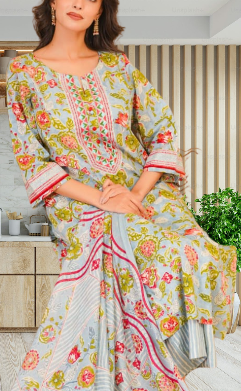 Light Blue Garden Jaipur Cotton Kurti With Pant And Dupatta Set. Pure Versatile Cotton. | Laces and Frills - Laces and Frills