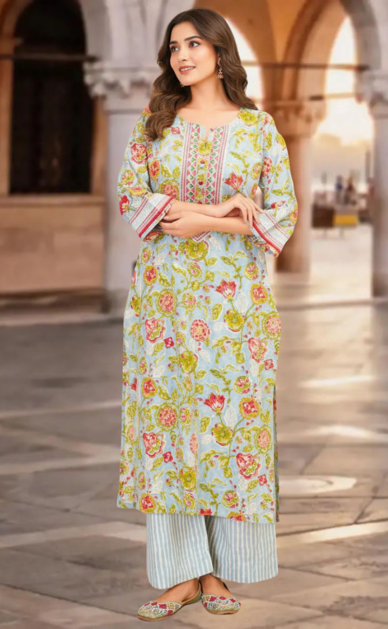 Light Blue Garden Jaipur Cotton Kurti With Pant And Dupatta Set. Pure Versatile Cotton. | Laces and Frills