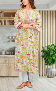 Light Blue Garden Jaipur Cotton Kurti With Pant And Dupatta Set. Pure Versatile Cotton. | Laces and Frills - Laces and Frills