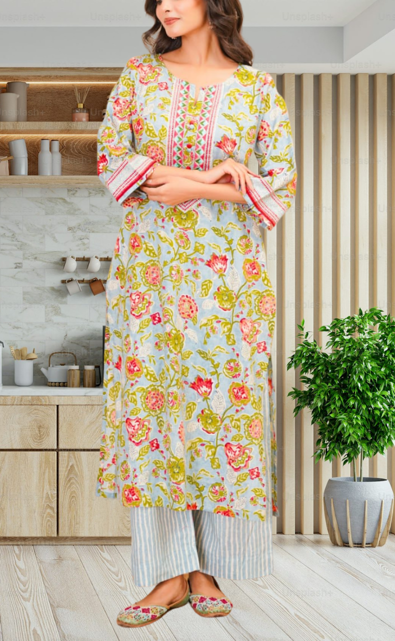 Light Blue Garden Jaipur Cotton Kurti With Pant And Dupatta Set. Pure Versatile Cotton. | Laces and Frills - Laces and Frills