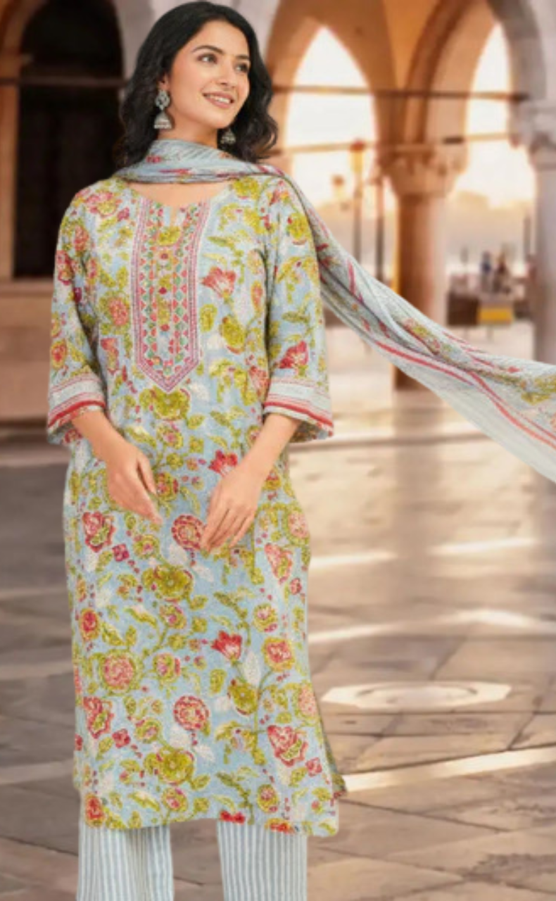 Light Blue Garden Jaipur Cotton Kurti With Pant And Dupatta Set. Pure Versatile Cotton. | Laces and Frills