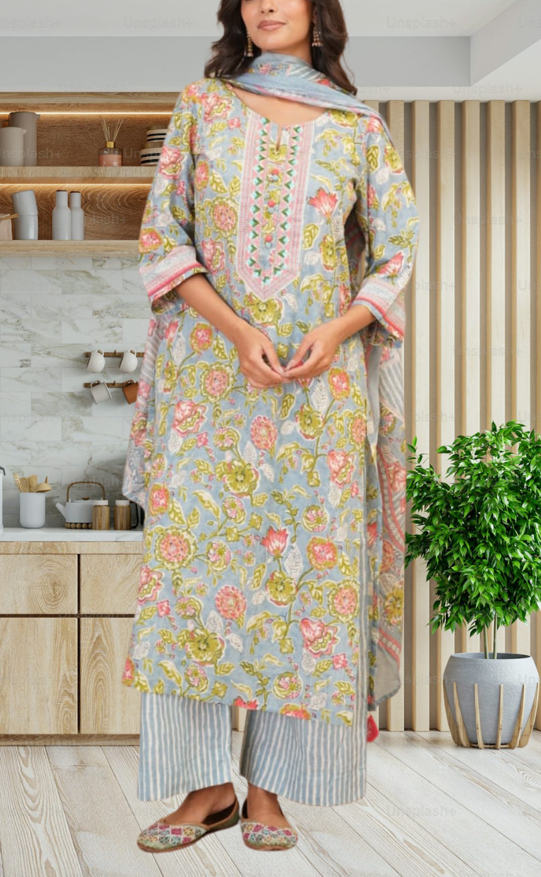 Light Blue Garden Jaipur Cotton Kurti With Pant And Dupatta Set. Pure Versatile Cotton. | Laces and Frills - Laces and Frills