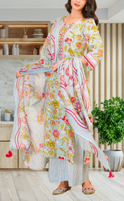 Light Blue Garden Jaipur Cotton Kurti With Pant And Dupatta Set. Pure Versatile Cotton. | Laces and Frills - Laces and Frills