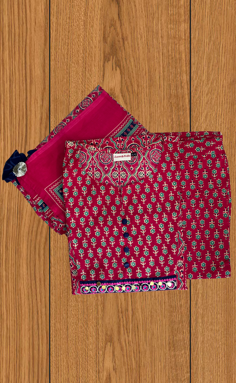 Rani Pink Floral Jaipur Cotton Kurti With Pant And Dupatta Set. Pure Versatile Cotton. | Laces and Frills - Laces and Frills