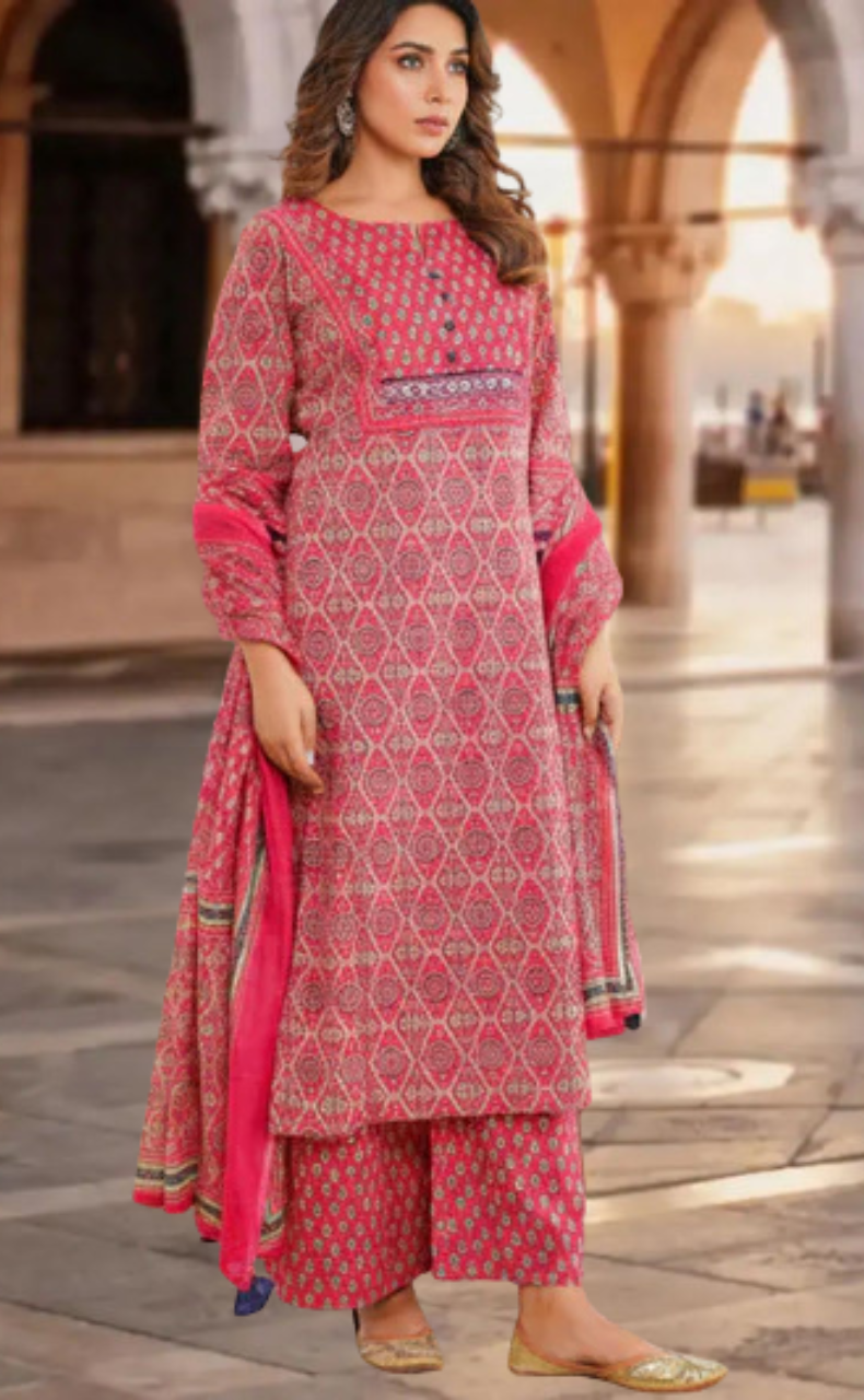 Rani Pink Floral Jaipur Cotton Kurti With Pant And Dupatta Set. Pure Versatile Cotton. | Laces and Frills