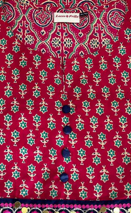 Rani Pink Floral Jaipur Cotton Kurti With Pant And Dupatta Set. Pure Versatile Cotton. | Laces and Frills - Laces and Frills