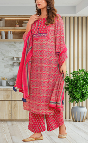 Rani Pink Floral Jaipur Cotton Kurti With Pant And Dupatta Set. Pure Versatile Cotton. | Laces and Frills - Laces and Frills
