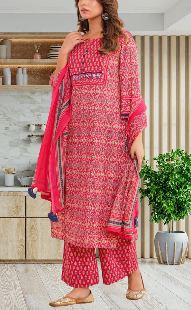 Rani Pink Floral Jaipur Cotton Kurti With Pant And Dupatta Set. Pure Versatile Cotton. | Laces and Frills - Laces and Frills