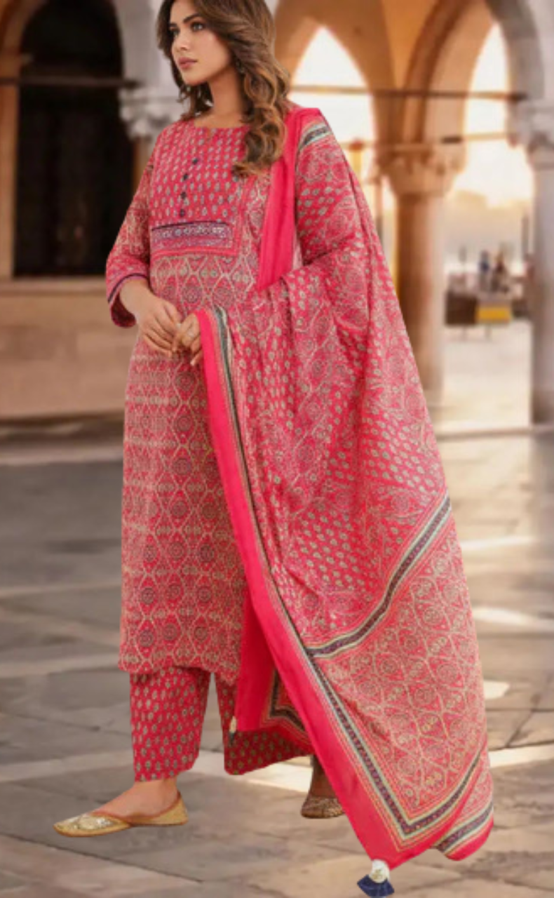 Rani Pink Floral Jaipur Cotton Kurti With Pant And Dupatta Set. Pure Versatile Cotton. | Laces and Frills