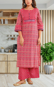 Rani Pink Floral Jaipur Cotton Kurti With Pant And Dupatta Set. Pure Versatile Cotton. | Laces and Frills - Laces and Frills