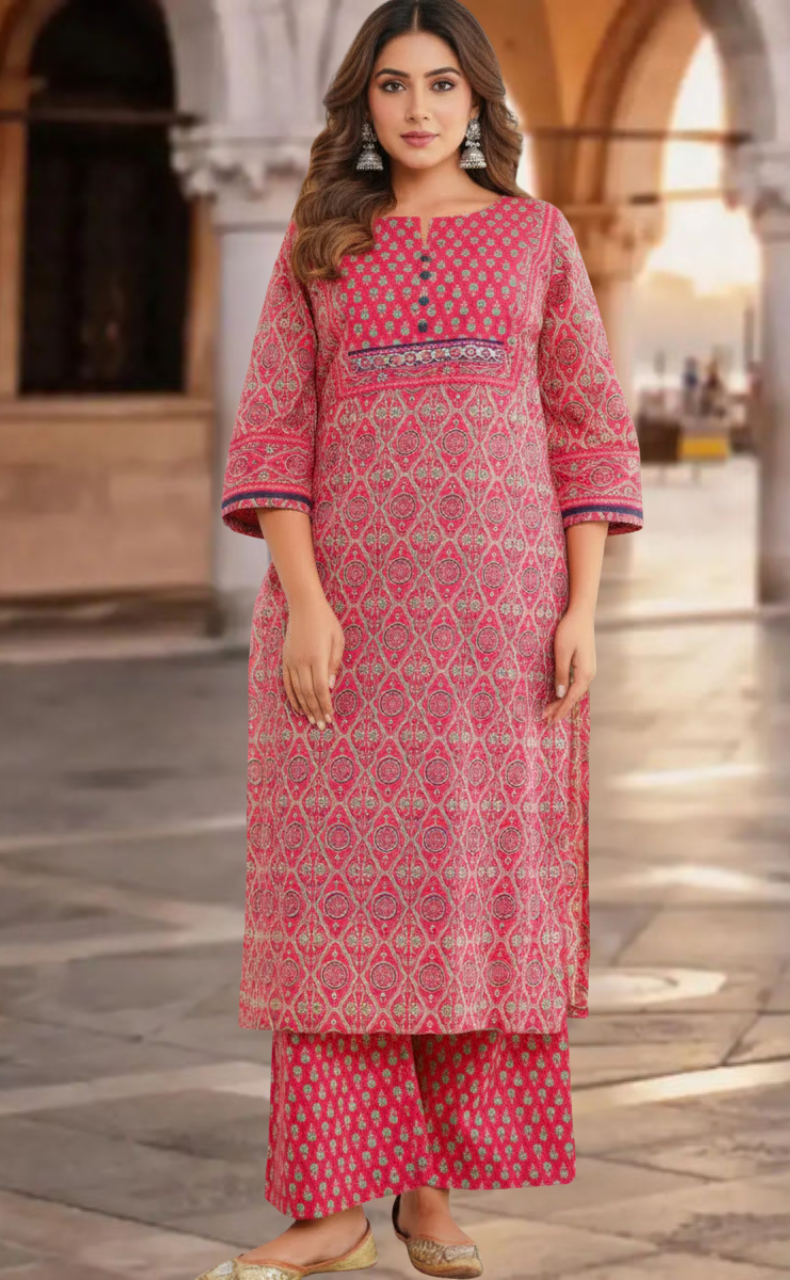 Rani Pink Floral Jaipur Cotton Kurti With Pant And Dupatta Set. Pure Versatile Cotton. | Laces and Frills