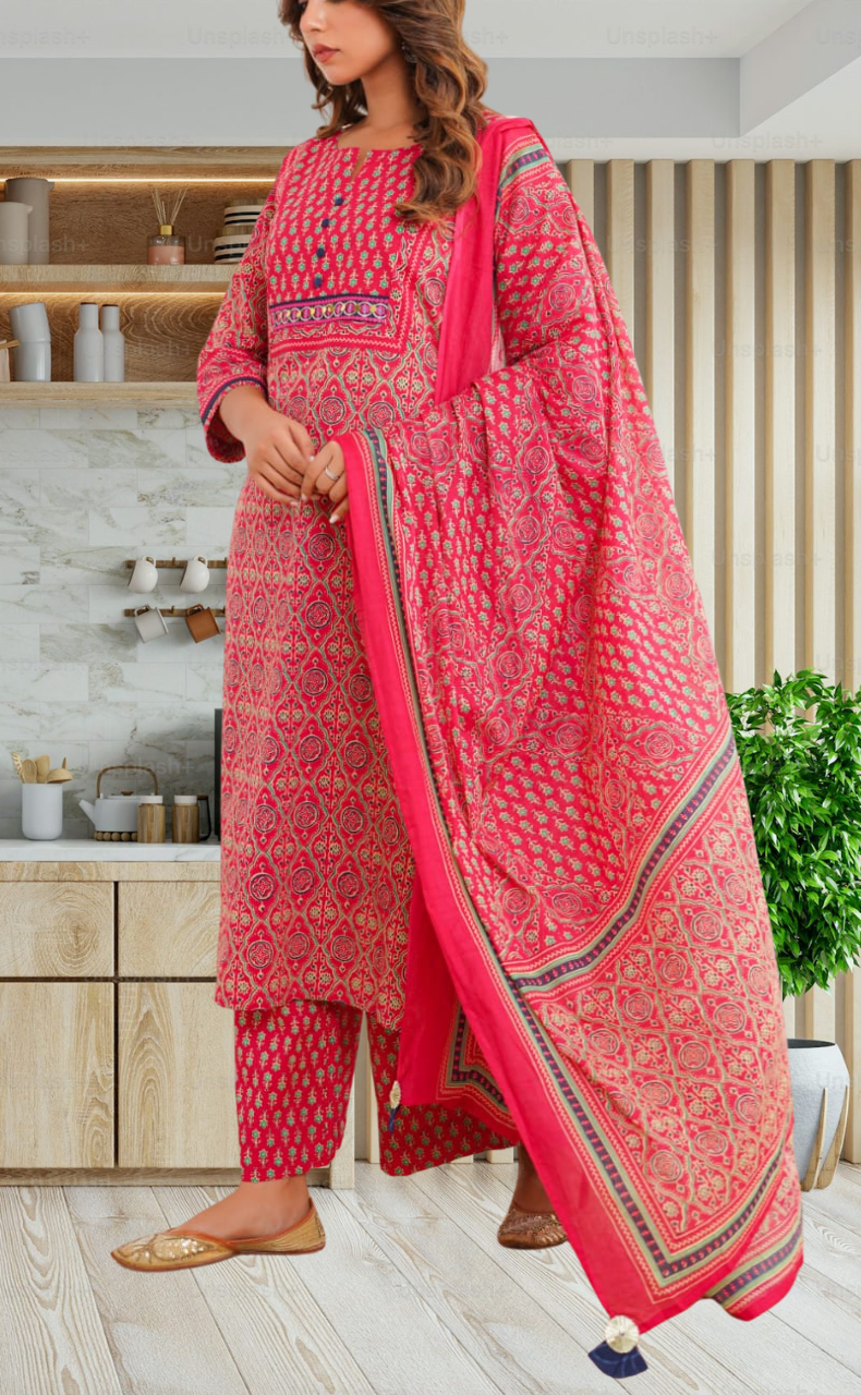 Rani Pink Floral Jaipur Cotton Kurti With Pant And Dupatta Set. Pure Versatile Cotton. | Laces and Frills - Laces and Frills