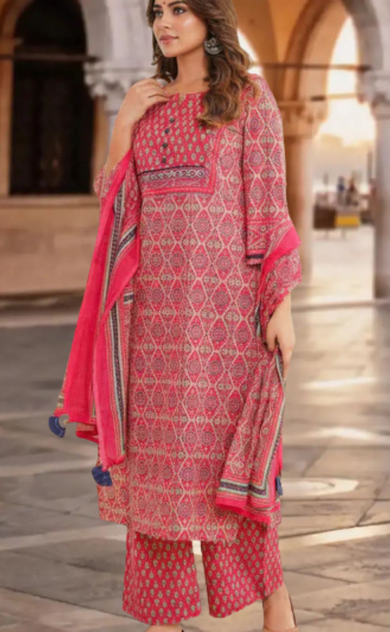 Rani Pink Floral Jaipur Cotton Kurti With Pant And Dupatta Set. Pure Versatile Cotton. | Laces and Frills
