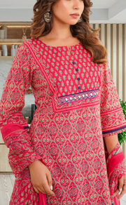 Rani Pink Floral Jaipur Cotton Kurti With Pant And Dupatta Set. Pure Versatile Cotton. | Laces and Frills - Laces and Frills