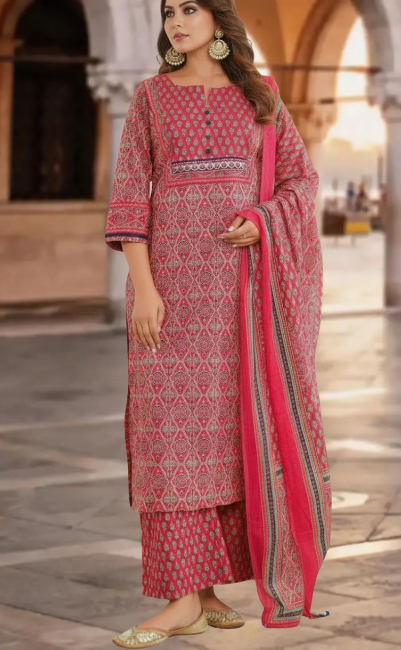 Rani Pink Floral Jaipur Cotton Kurti With Pant And Dupatta Set. Pure Versatile Cotton. | Laces and Frills