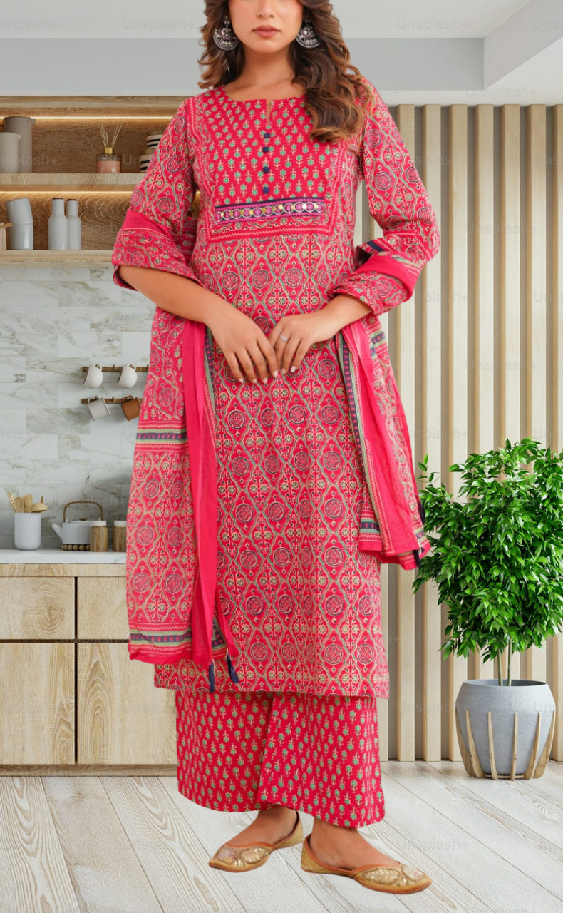 Rani Pink Floral Jaipur Cotton Kurti With Pant And Dupatta Set. Pure Versatile Cotton. | Laces and Frills - Laces and Frills