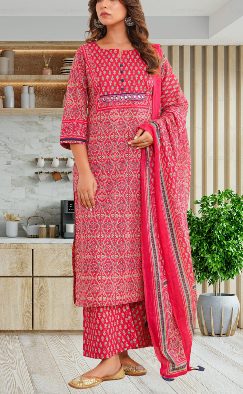 Rani Pink Floral Jaipur Cotton Kurti With Pant And Dupatta Set. Pure Versatile Cotton. | Laces and Frills - Laces and Frills