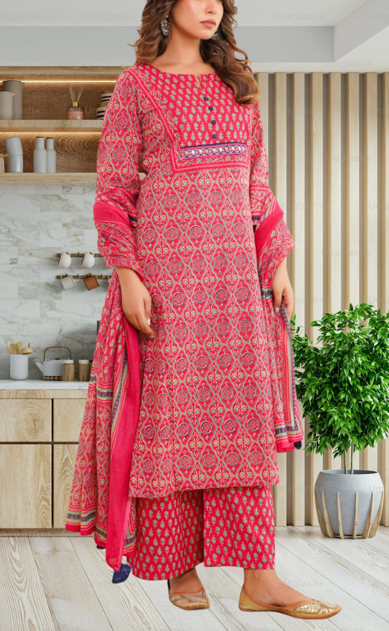 Rani Pink Floral Jaipur Cotton Kurti With Pant And Dupatta Set. Pure Versatile Cotton. | Laces and Frills - Laces and Frills