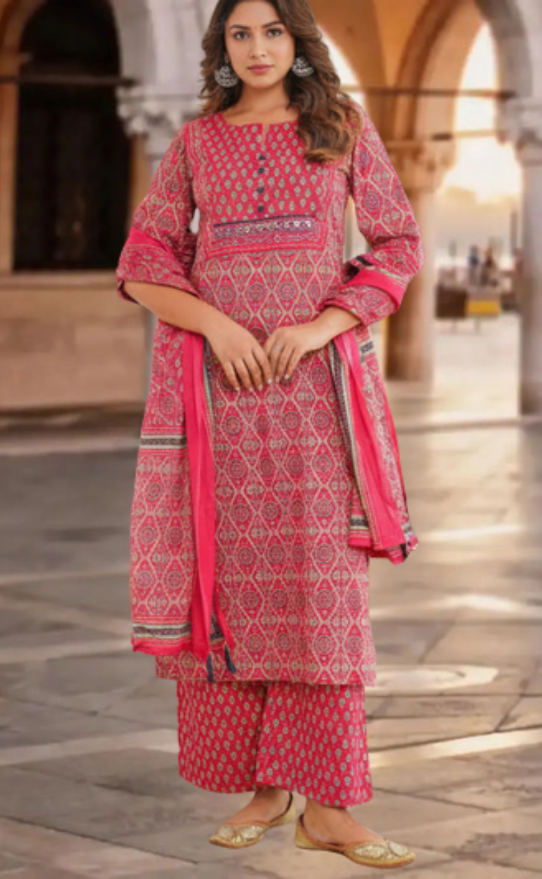 Rani Pink Floral Jaipur Cotton Kurti With Pant And Dupatta Set. Pure Versatile Cotton. | Laces and Frills