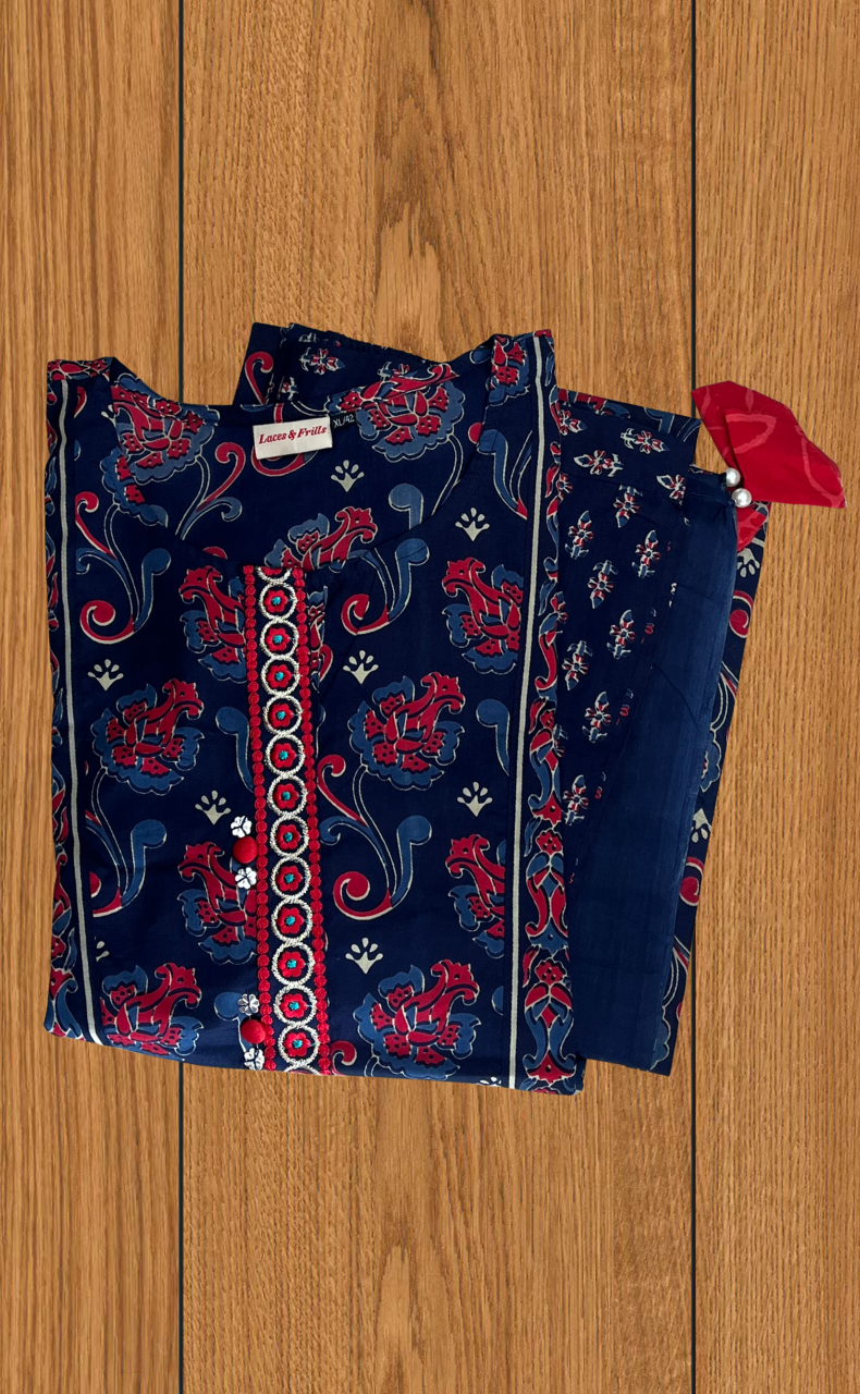 Navy Blue Floral Jaipur Cotton Kurti With Pant And Dupatta Set. Pure Versatile Cotton. | Laces and Frills - Laces and Frills
