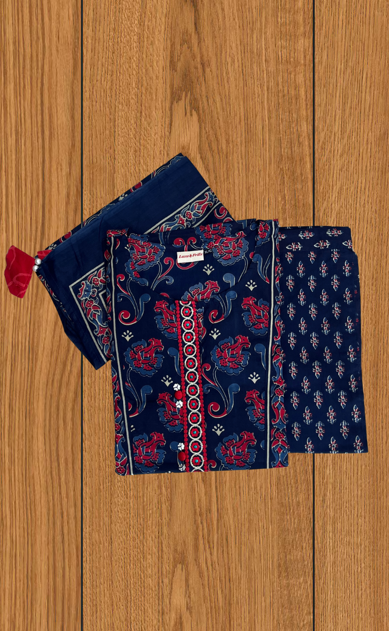 Navy Blue Floral Jaipur Cotton Kurti With Pant And Dupatta Set. Pure Versatile Cotton. | Laces and Frills - Laces and Frills