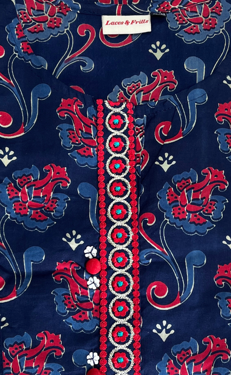 Navy Blue Floral Jaipur Cotton Kurti With Pant And Dupatta Set. Pure Versatile Cotton. | Laces and Frills - Laces and Frills
