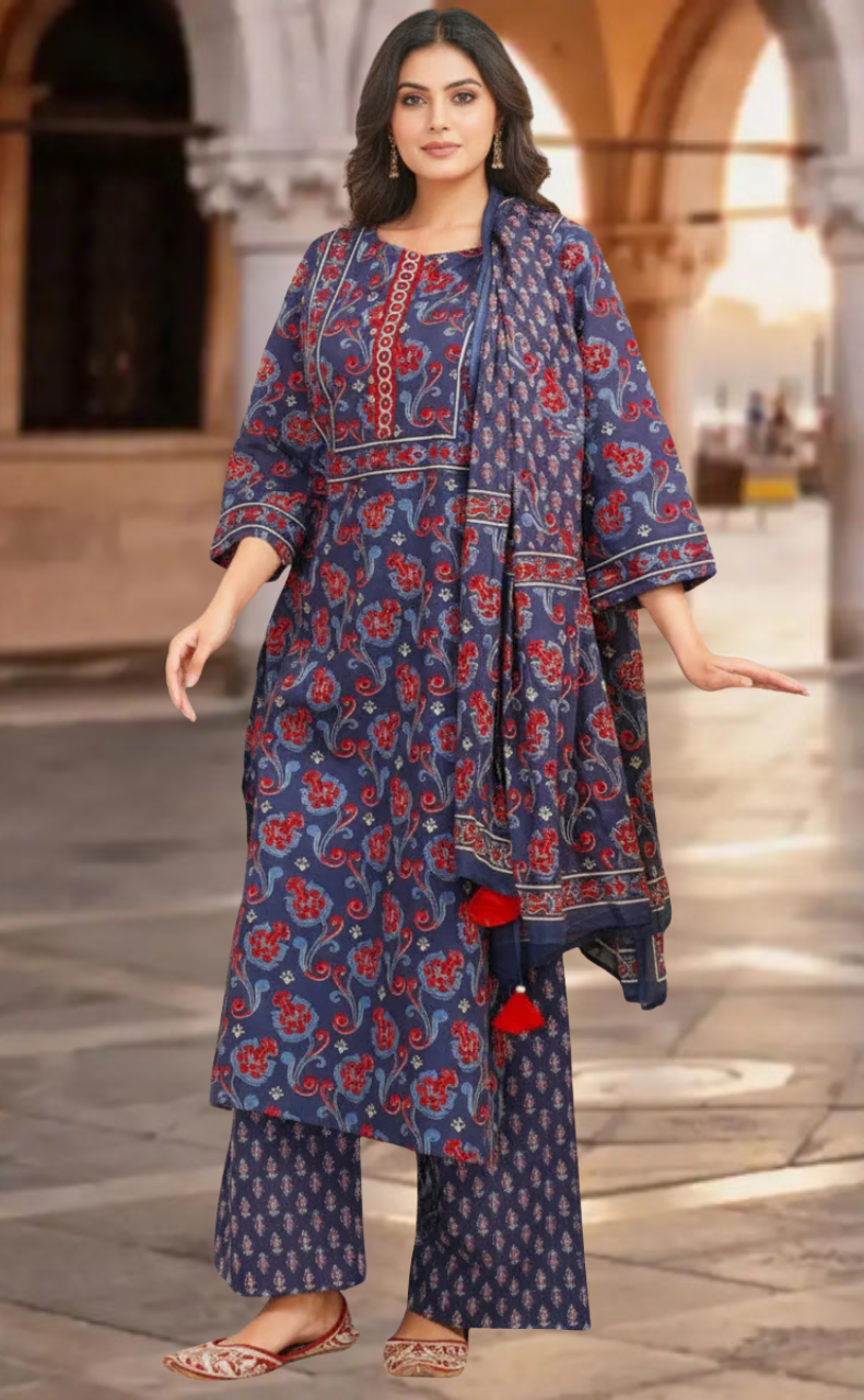 Navy Blue Floral Jaipur Cotton Kurti With Pant And Dupatta Set. Pure Versatile Cotton. | Laces and Frills