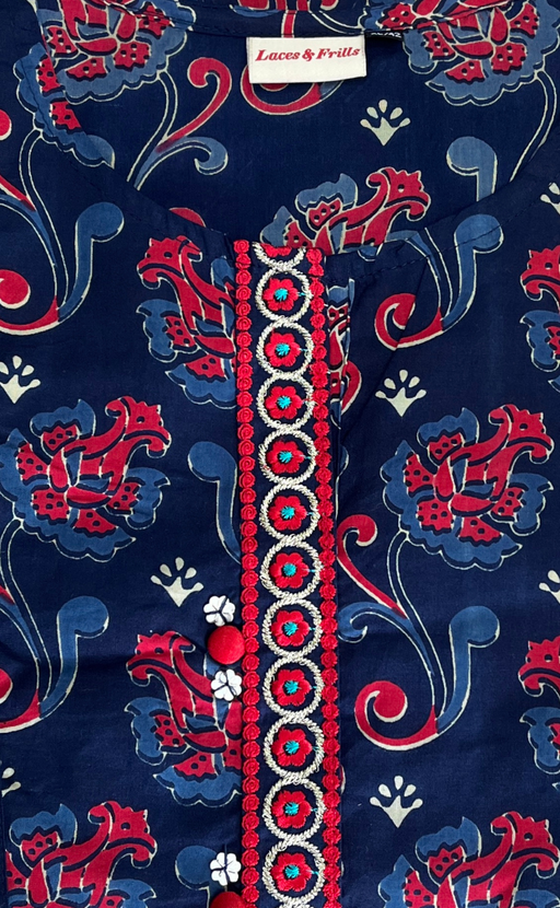 Navy Blue Floral Jaipur Cotton Kurti With Pant And Dupatta Set. Pure Versatile Cotton. | Laces and Frills - Laces and Frills
