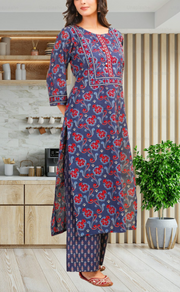 Navy Blue Floral Jaipur Cotton Kurti With Pant And Dupatta Set. Pure Versatile Cotton. | Laces and Frills - Laces and Frills