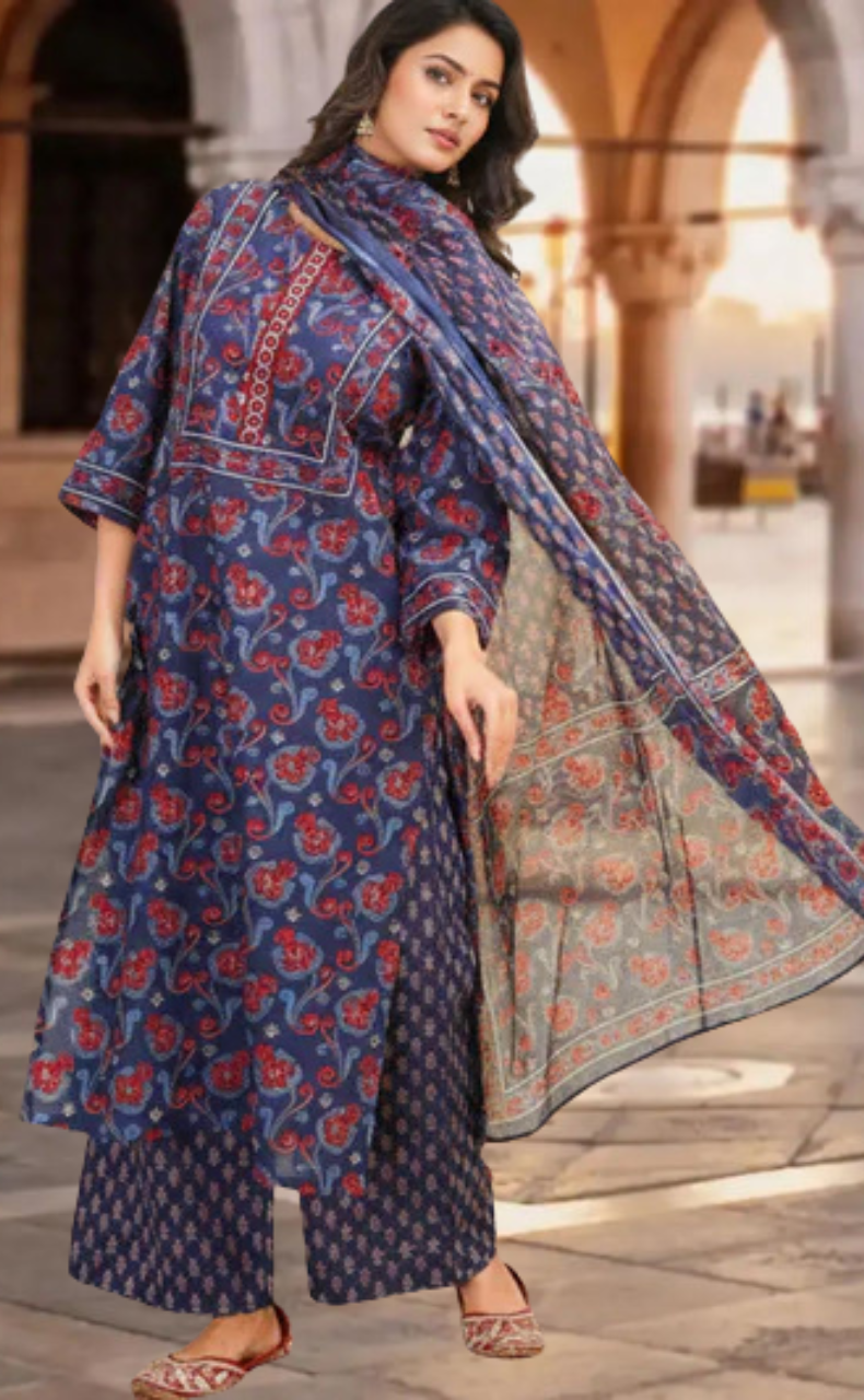 Navy Blue Floral Jaipur Cotton Kurti With Pant And Dupatta Set. Pure Versatile Cotton. | Laces and Frills