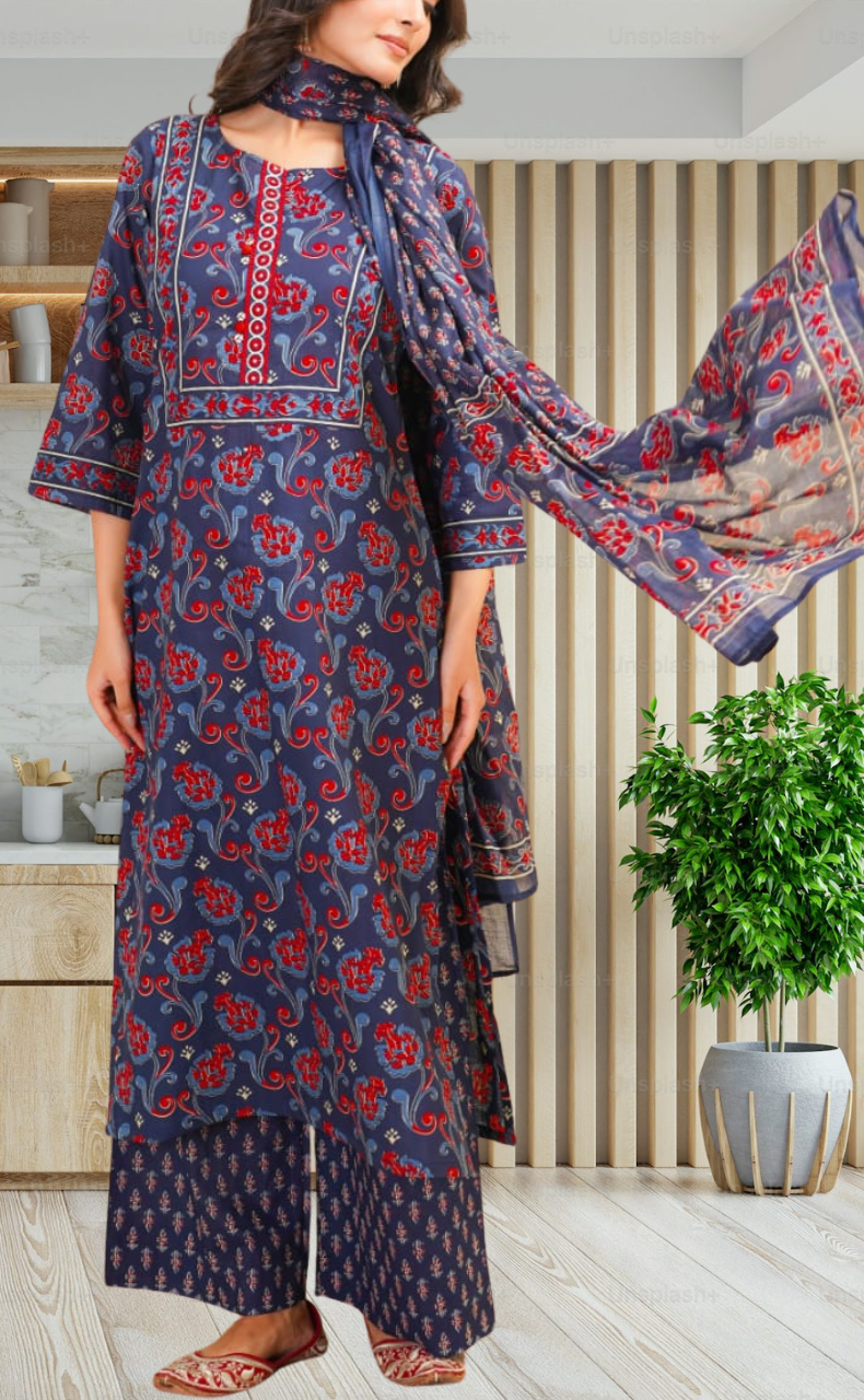 Navy Blue Floral Jaipur Cotton Kurti With Pant And Dupatta Set. Pure Versatile Cotton. | Laces and Frills - Laces and Frills