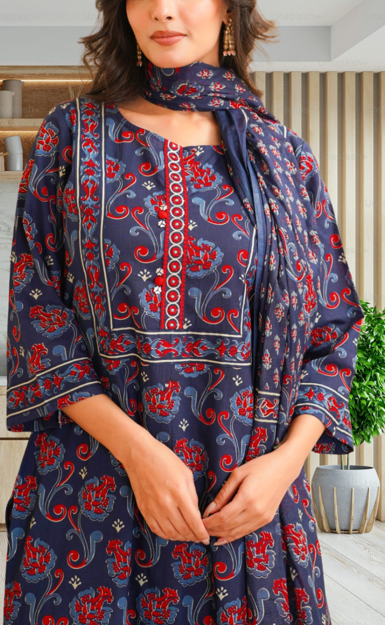 Navy Blue Floral Jaipur Cotton Kurti With Pant And Dupatta Set. Pure Versatile Cotton. | Laces and Frills - Laces and Frills