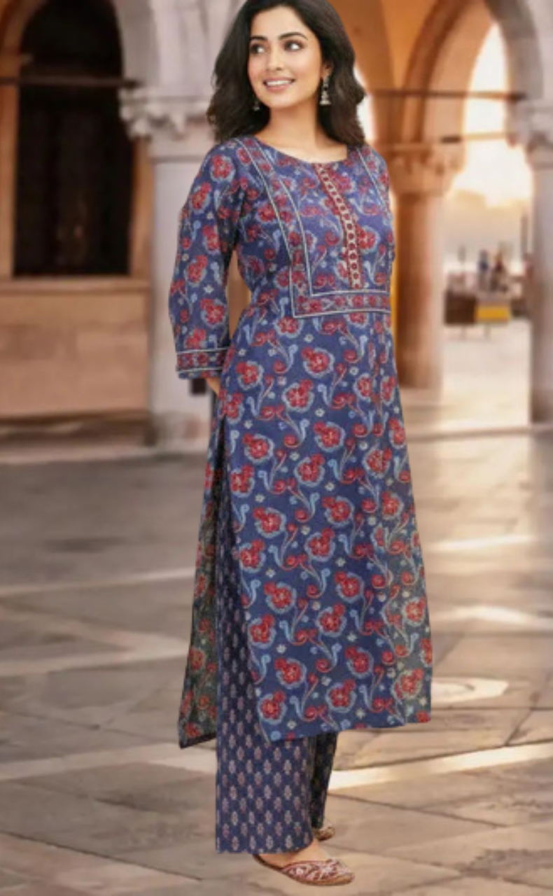 Navy Blue Floral Jaipur Cotton Kurti With Pant And Dupatta Set. Pure Versatile Cotton. | Laces and Frills