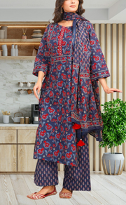 Navy Blue Floral Jaipur Cotton Kurti With Pant And Dupatta Set. Pure Versatile Cotton. | Laces and Frills - Laces and Frills