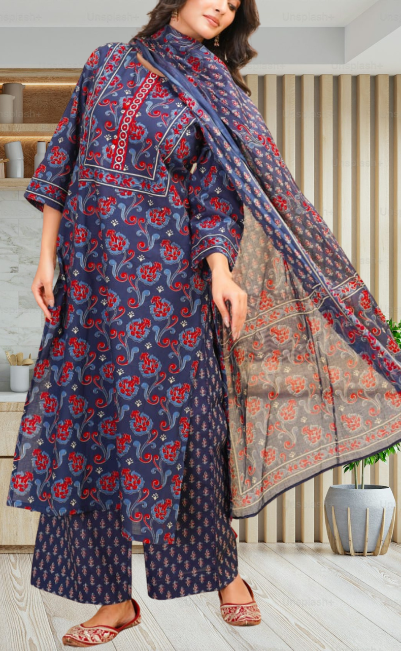 Navy Blue Floral Jaipur Cotton Kurti With Pant And Dupatta Set. Pure Versatile Cotton. | Laces and Frills - Laces and Frills