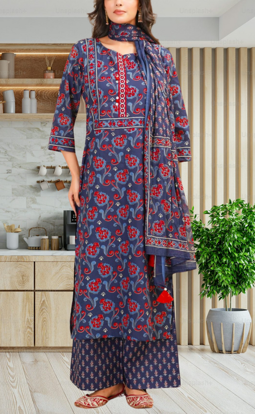 Navy Blue Floral Jaipur Cotton Kurti With Pant And Dupatta Set. Pure Versatile Cotton. | Laces and Frills - Laces and Frills