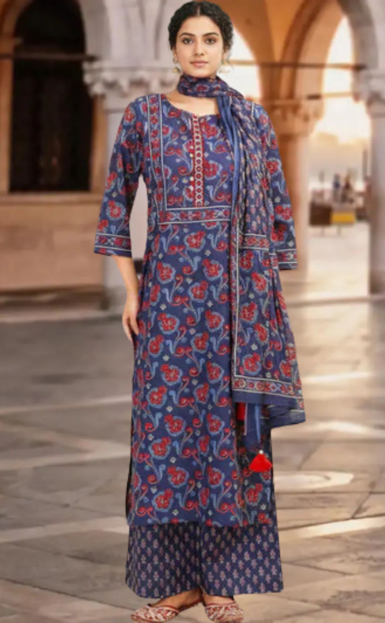 Navy Blue Floral Jaipur Cotton Kurti With Pant And Dupatta Set. Pure Versatile Cotton. | Laces and Frills