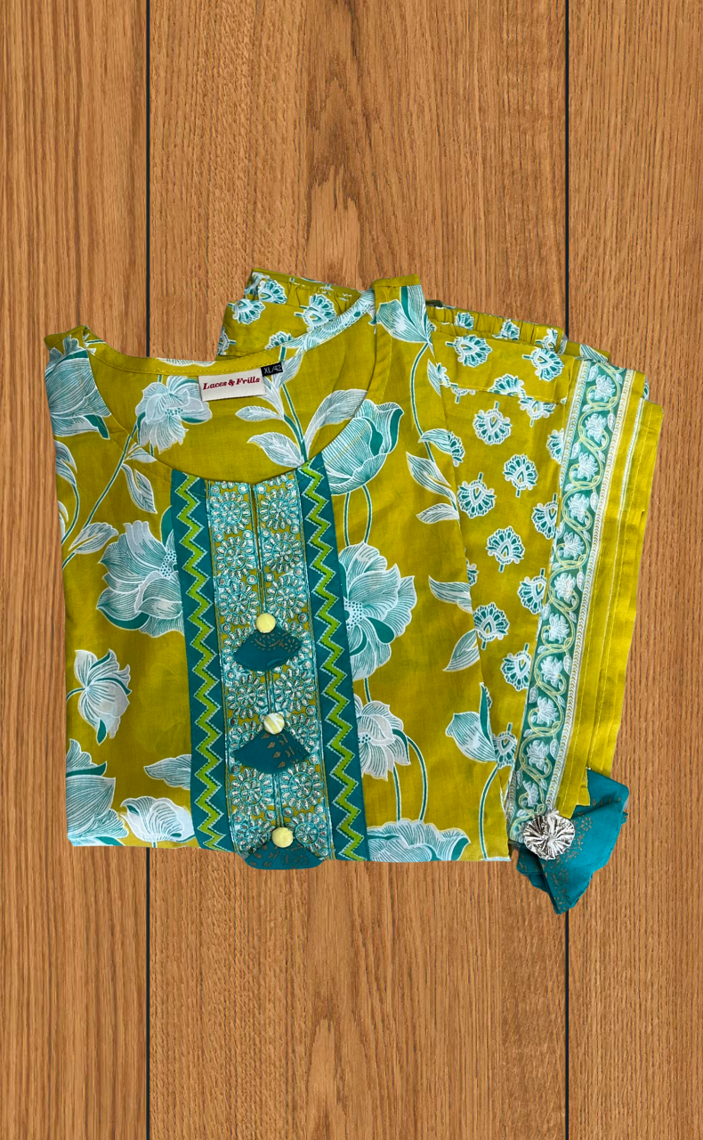Yellow Floral Jaipur Cotton Kurti With Pant And Dupatta Set. Pure Versatile Cotton. | Laces and Frills - Laces and Frills