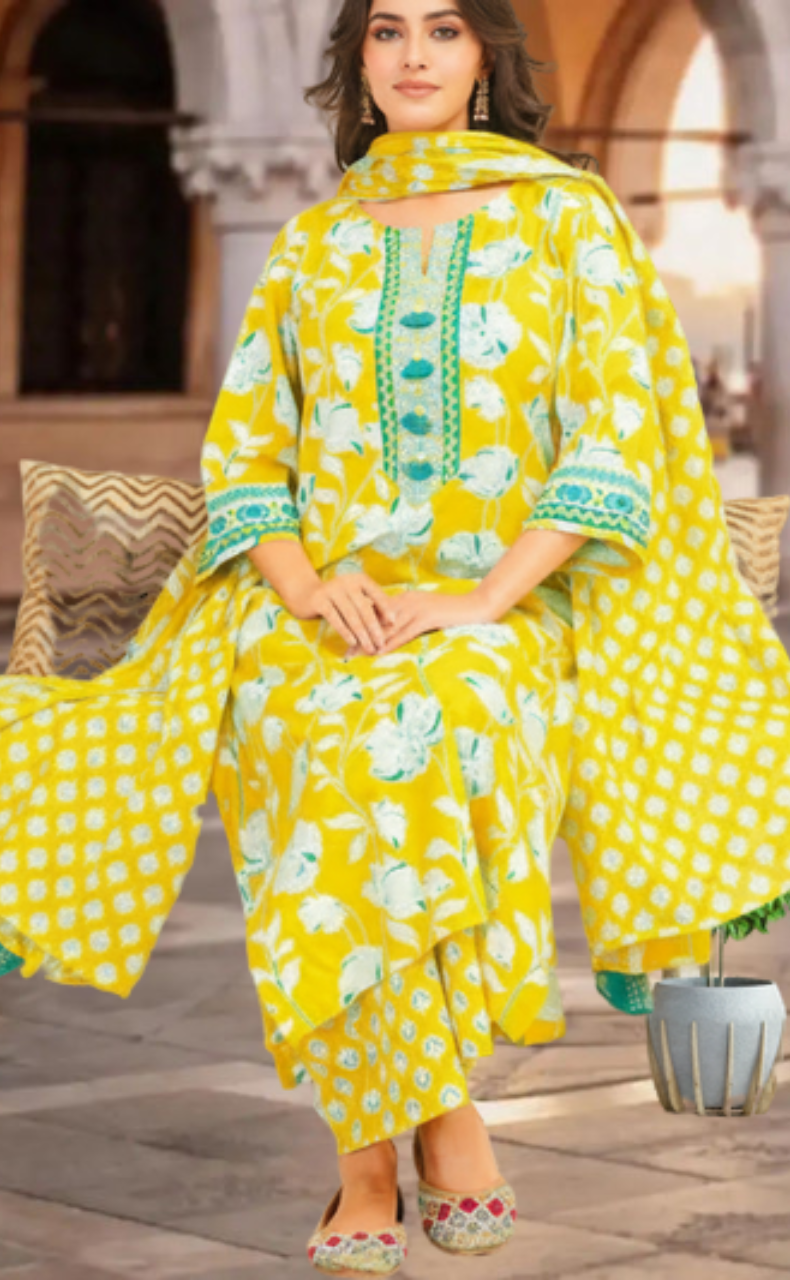 Yellow Floral Jaipur Cotton Kurti With Pant And Dupatta Set. Pure Versatile Cotton. | Laces and Frills