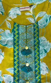 Yellow Floral Jaipur Cotton Kurti With Pant And Dupatta Set. Pure Versatile Cotton. | Laces and Frills - Laces and Frills