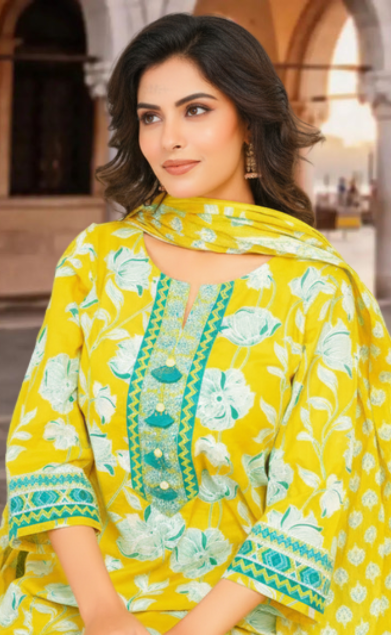 Yellow Floral Jaipur Cotton Kurti With Pant And Dupatta Set. Pure Versatile Cotton. | Laces and Frills
