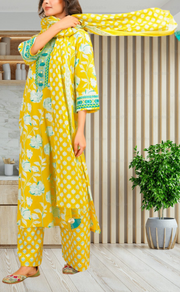 Yellow Floral Jaipur Cotton Kurti With Pant And Dupatta Set. Pure Versatile Cotton. | Laces and Frills - Laces and Frills